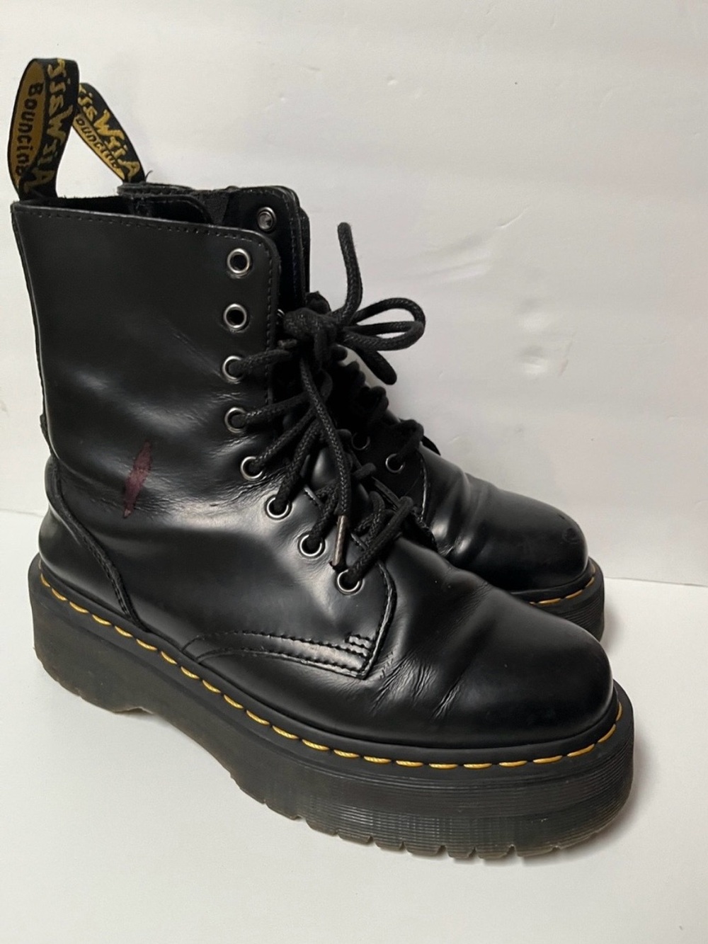 Dr. Martens Black Leather Platform Lace-Up Boots with Yellow Stitching